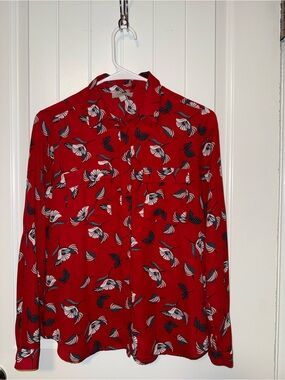 LOFT Red Floral Print Button-Up Top